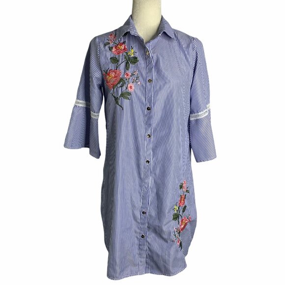 Embroidered Tunic Shirt Dress S Blue Striped Floral Button Down Bell Sleeves - Picture 3 of 8